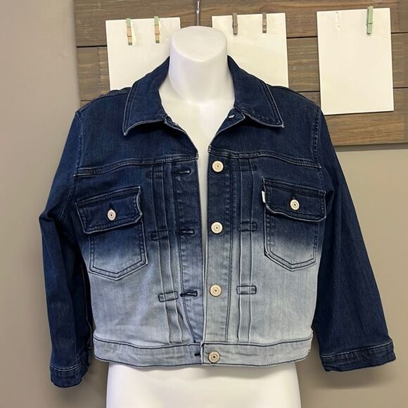 Levi’s Strauss & Co Blue Ombré Cropped 3/4 Sleeve Jean Button Down Jacket- Large - Picture 1 of 16